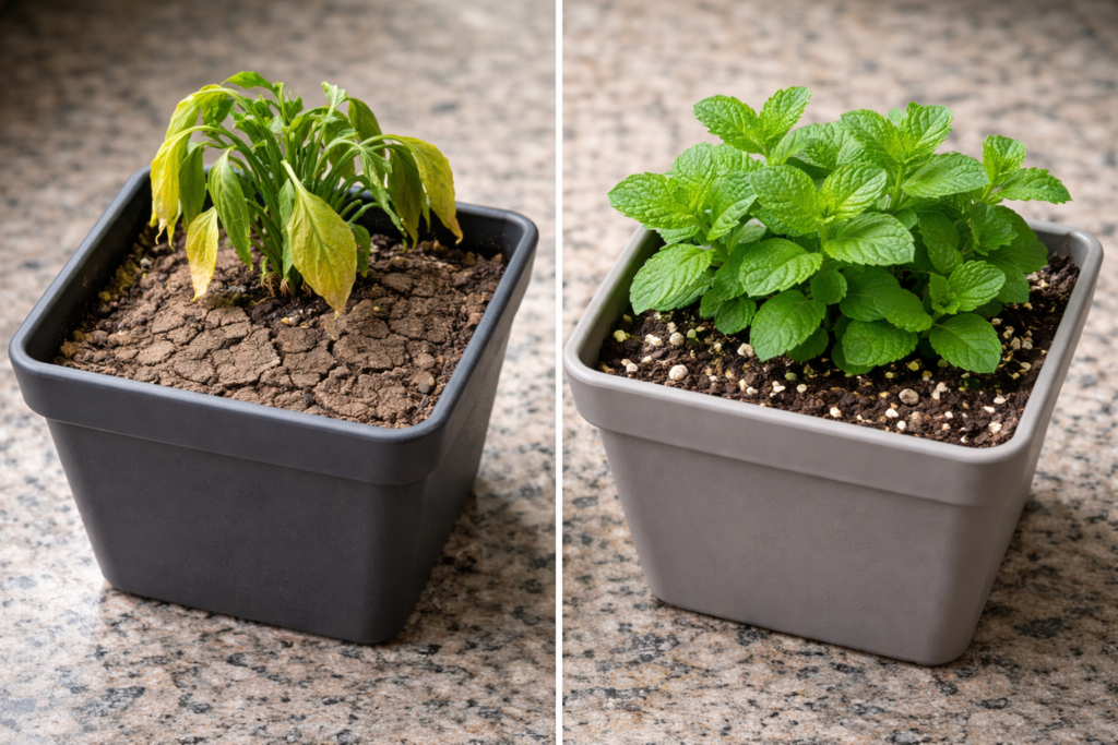 Comparação entre vaso com terra comum compactada e planta de pimenta amarelada e vaso com substrato aerado e hortelã saudável
