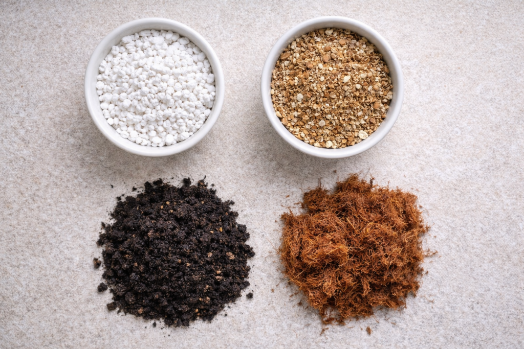 Flat lay com perlita branca, vermiculita, húmus de minhoca e fibra de coco organizados sobre bancada clara em apartamento
