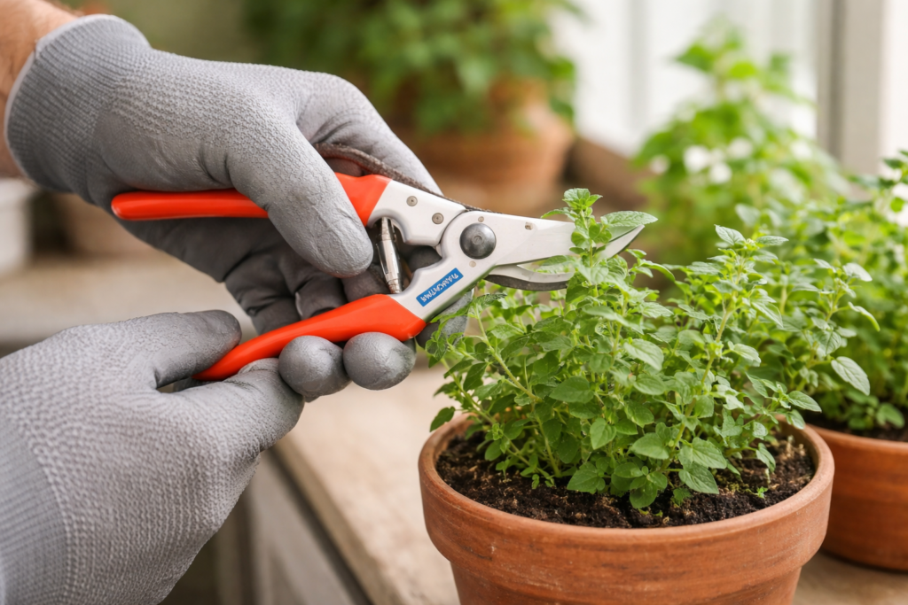 Close de mãos com luvas cinzas usando tesoura de poda profissional para colher temperos em vaso de barro.