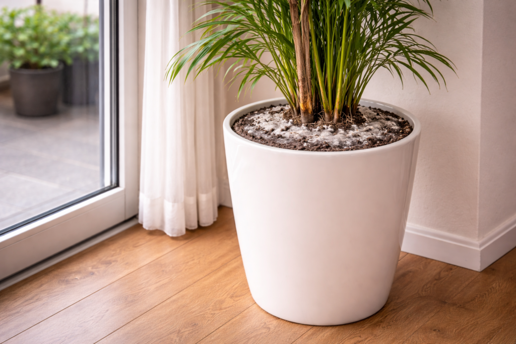 Vaso grande com palmeira em apartamento apresentando bolor branco no substrato próximo à porta de vidro
