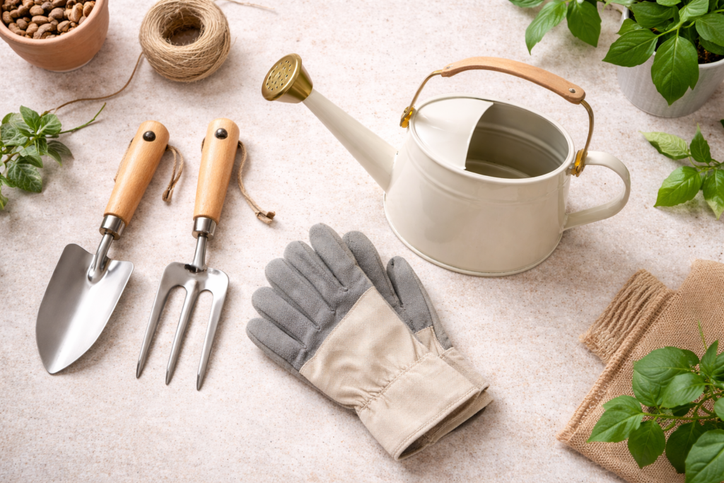 Kit básico de jardinagem para apartamento com pá de mão, garfo pequeno, regador estiloso e luvas sobre bancada clara
