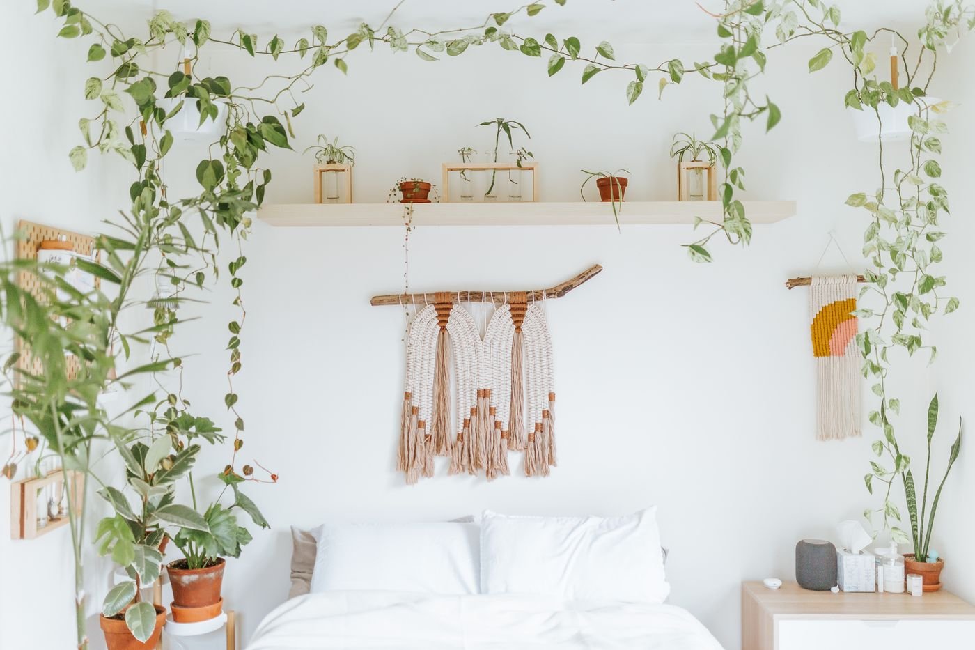 Quarto claro com plantas pendentes e decoração minimalista