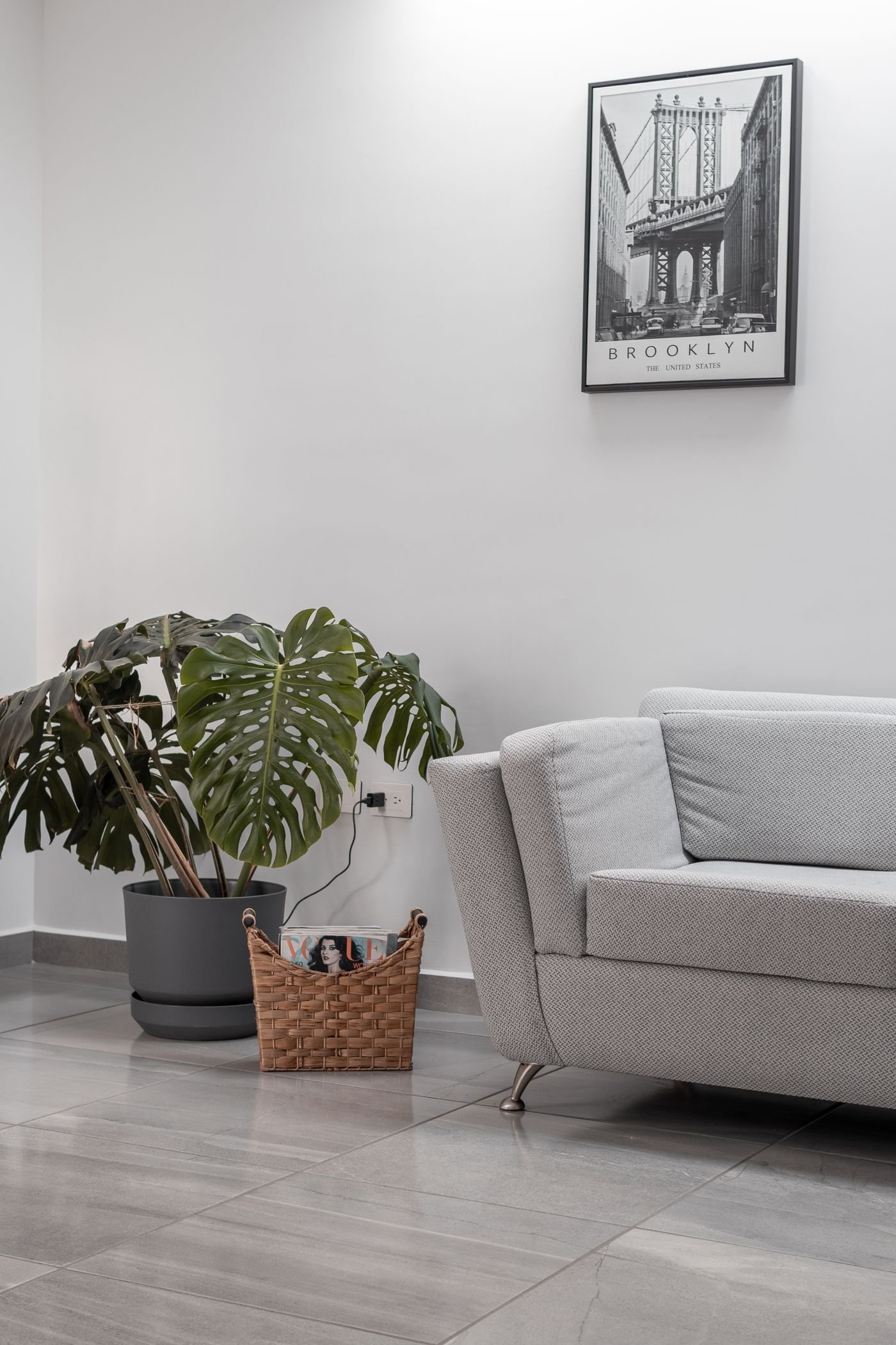 Sala clara e minimalista decorada com uma costela-de-adão em vaso