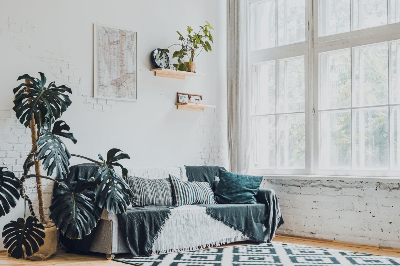 Sala clara e moderna decorada com costelas-de-adão