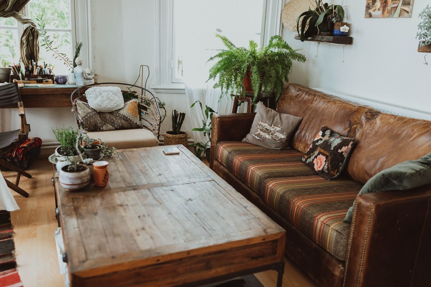 Sala com móveis rústicos de madeira e muitas plantas