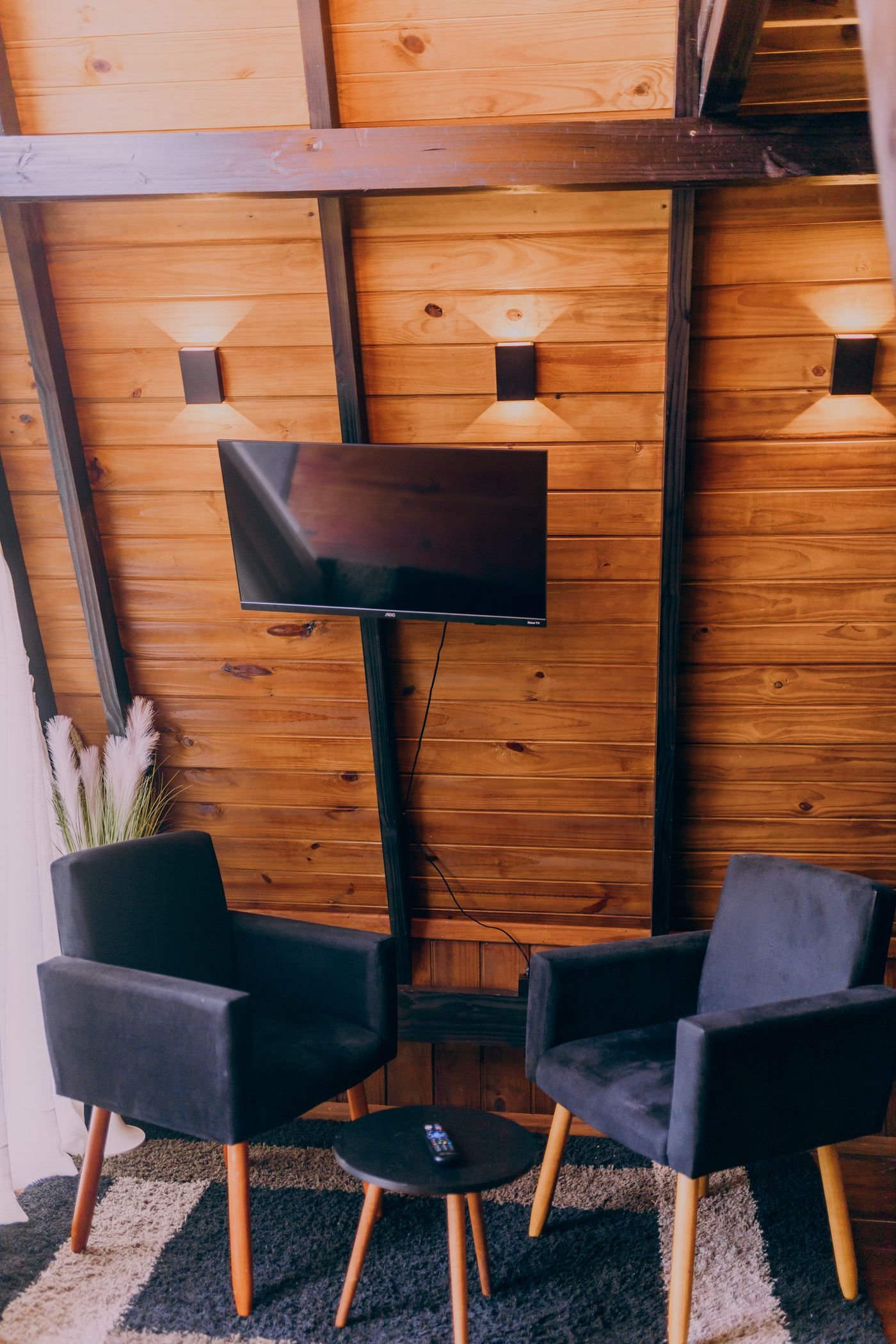 TV fixada em painel de madeira com vaso alto ao lado