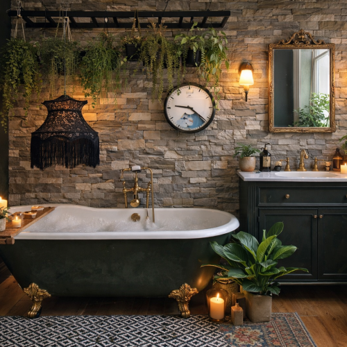 Banheiro em estilo eclético com parede de pedra, banheira clássica, plantas pendentes, iluminação quente e móveis escuros, criando um ambiente sofisticado e cheio de personalidade.