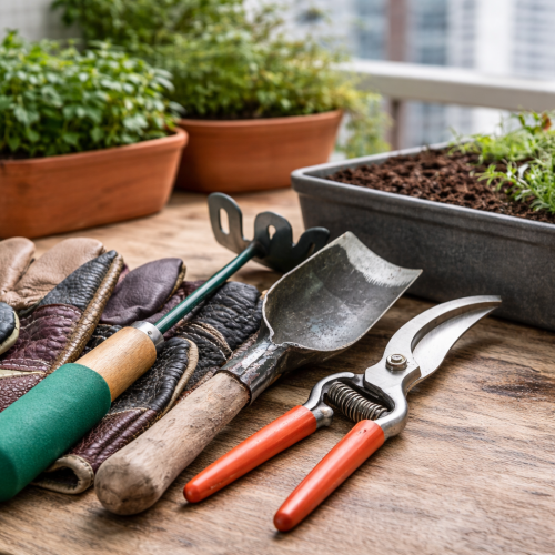 Ferramentas essenciais para horta em apartamento organizadas sobre bancada de varanda com vasos e hortaliças ao fundo.