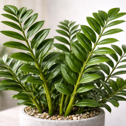 Close na zamioculca saudável, com folhas verdes brilhantes e espessas, cultivada em ambiente interno com luz indireta