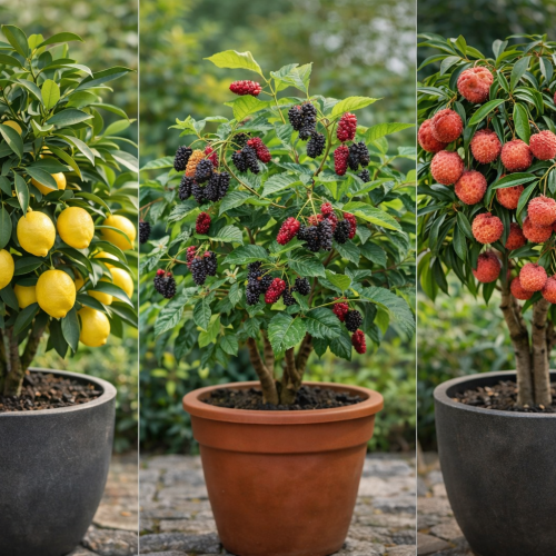 Frutíferas cultivadas em vasos, com limoeiro, amoreira e lichieira saudáveis, em ambiente residencial com iluminação natural.