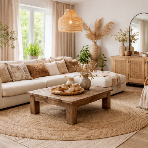 Ilustração de uma sala de estar em estilo boho contemporâneo, com sofá claro, móveis de madeira, fibras naturais, plantas e iluminação suave, usada para exemplificar esse estilo de decoração.