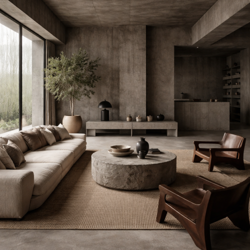 Sala de estar em estilo brutalista com paredes de concreto aparente, móveis minimalistas, madeira natural e iluminação suave, criando um ambiente contemporâneo e sofisticado.
