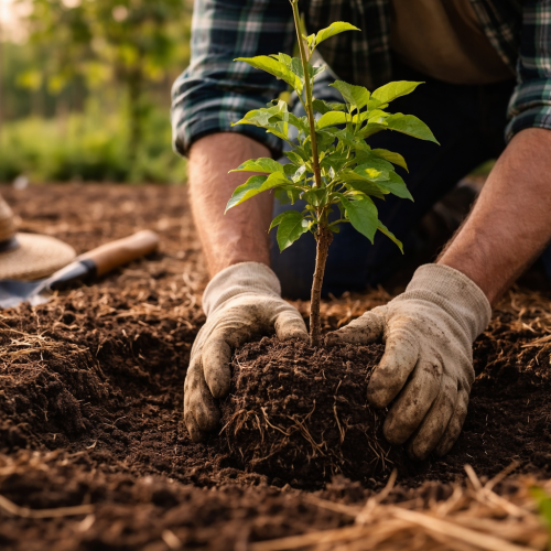 Pessoa plantando uma muda de frutífera no solo, com as mãos protegidas por luvas, em preparo correto para o cultivo