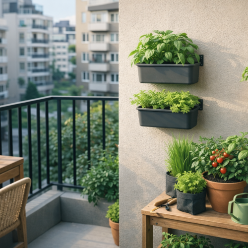 Horta em apartamento organizada em varanda, com vasos bem posicionados junto à parede, mostrando cultivo prático sem ocupar espaço de circulação