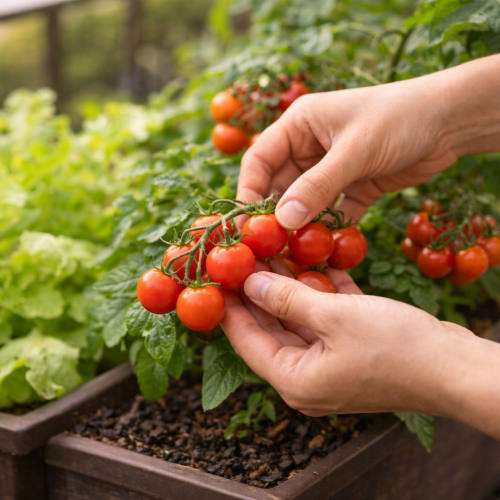 Pessoa colhendo tomates maduros com a mão em horta cultivada em vaso, em ambiente doméstico bem iluminado