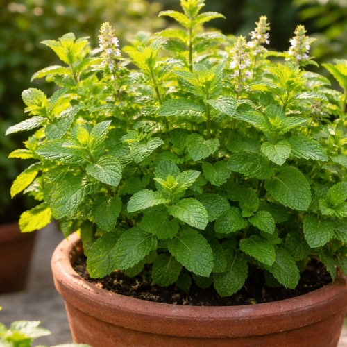 Hortelã saudável cultivada em vaso, com folhas verdes viçosas e flores delicadas, recebendo luz natural