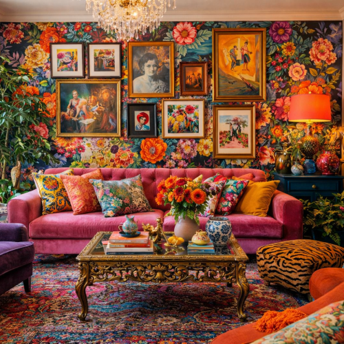 Sala de estar em estilo maximalista com cores vibrantes, papéis de parede florais, quadros variados, móveis marcantes e objetos decorativos que criam um ambiente expressivo e cheio de personalidade.