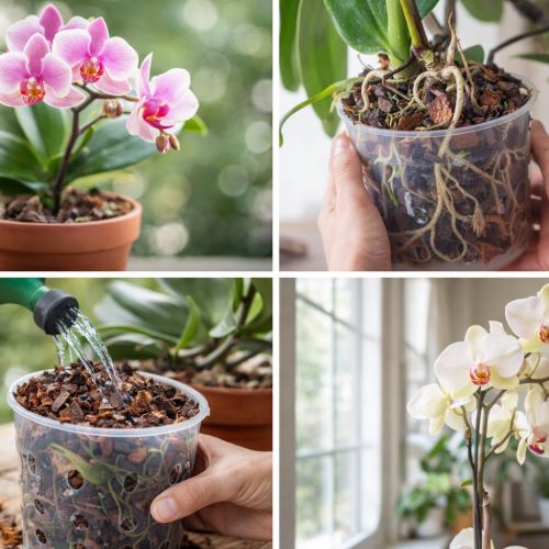 Orquídea florida em vaso com substrato adequado, cultivada em ambiente interno com luz indireta natural