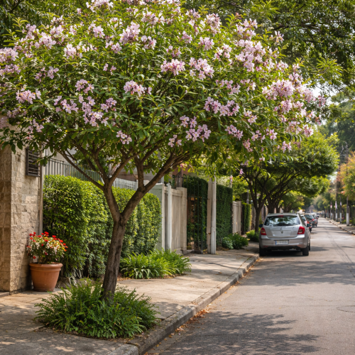 Árvore pata-de-vaca plantada em calçada de bairro residencial brasileiro, integrada ao ambiente urbano e às casas ao redor.