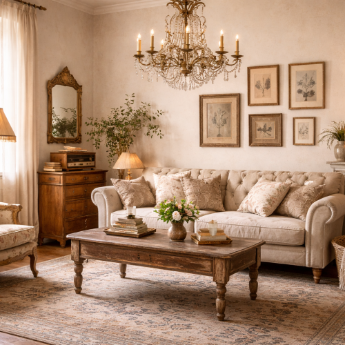 Sala de estar em estilo vintage com sofá clássico, móveis de madeira envelhecida, lustre antigo, quadros botânicos e iluminação quente, criando um ambiente acolhedor e atemporal.